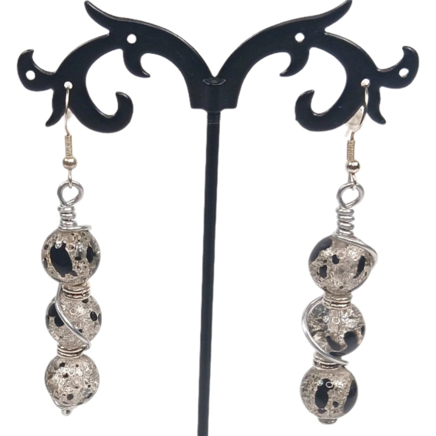 Black Crackle Wire Wrapped Spiral Earring-Spiral Drop Earrings