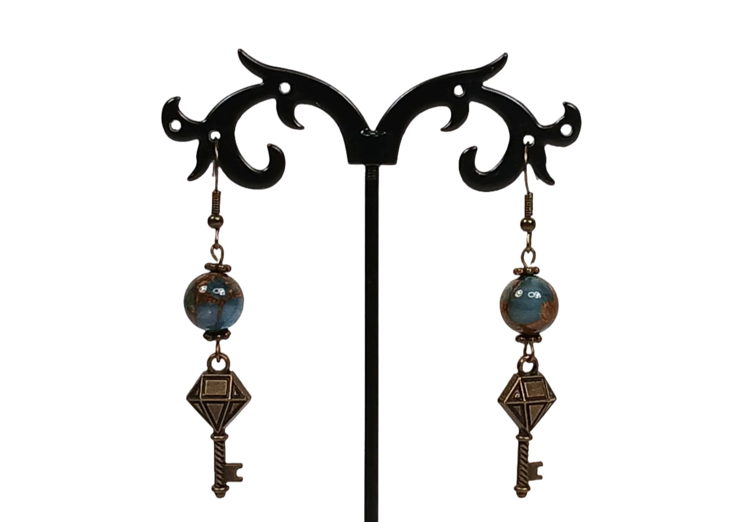 Natural Blue Stone Earrings-Antique Bronze Drop Earrings