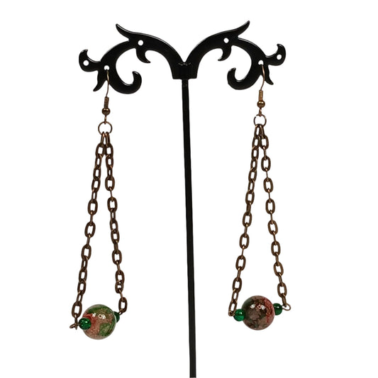 Green And Pink Chain Link Earrings-Bronze Chain Link Earrings