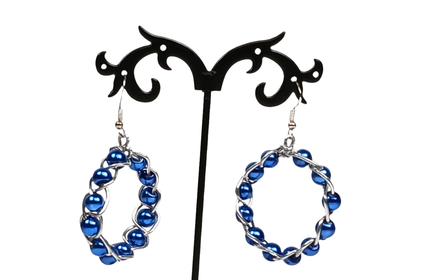 Braided Blue Wire Wrapped Beaded Hoop Earrings