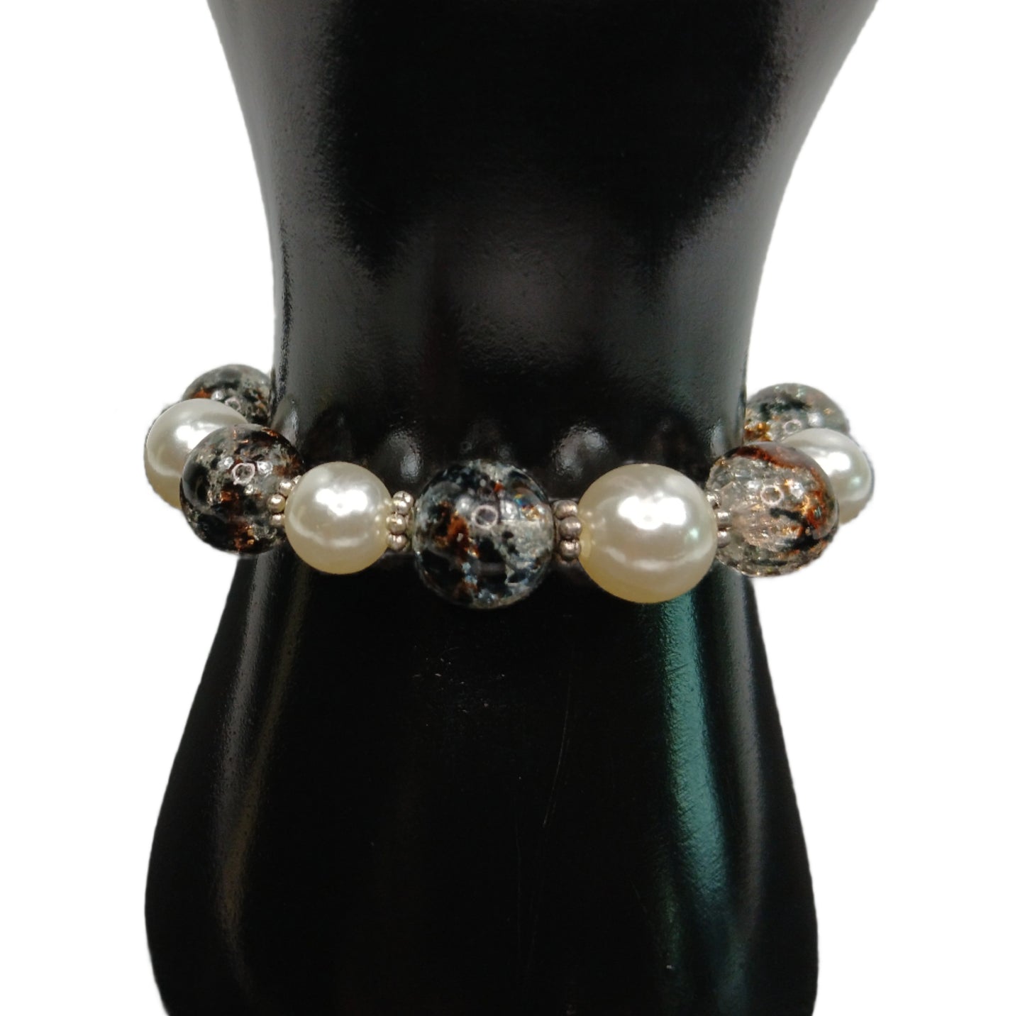 Crackle Bead And Pearl Bracelet-Pearl bracelet-Pearl Stretch Women's Bracelet