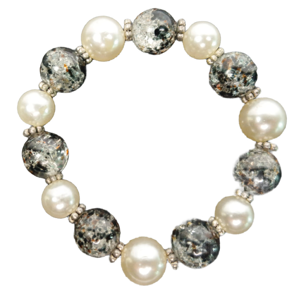 Crackle Bead And Pearl Bracelet-Pearl bracelet-Pearl Stretch Women's Bracelet