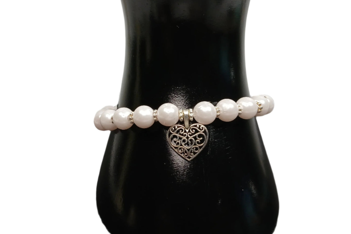 Valentine Pearl Bracelet With Heart Charm-Pearl Stretch Women's Bracelet