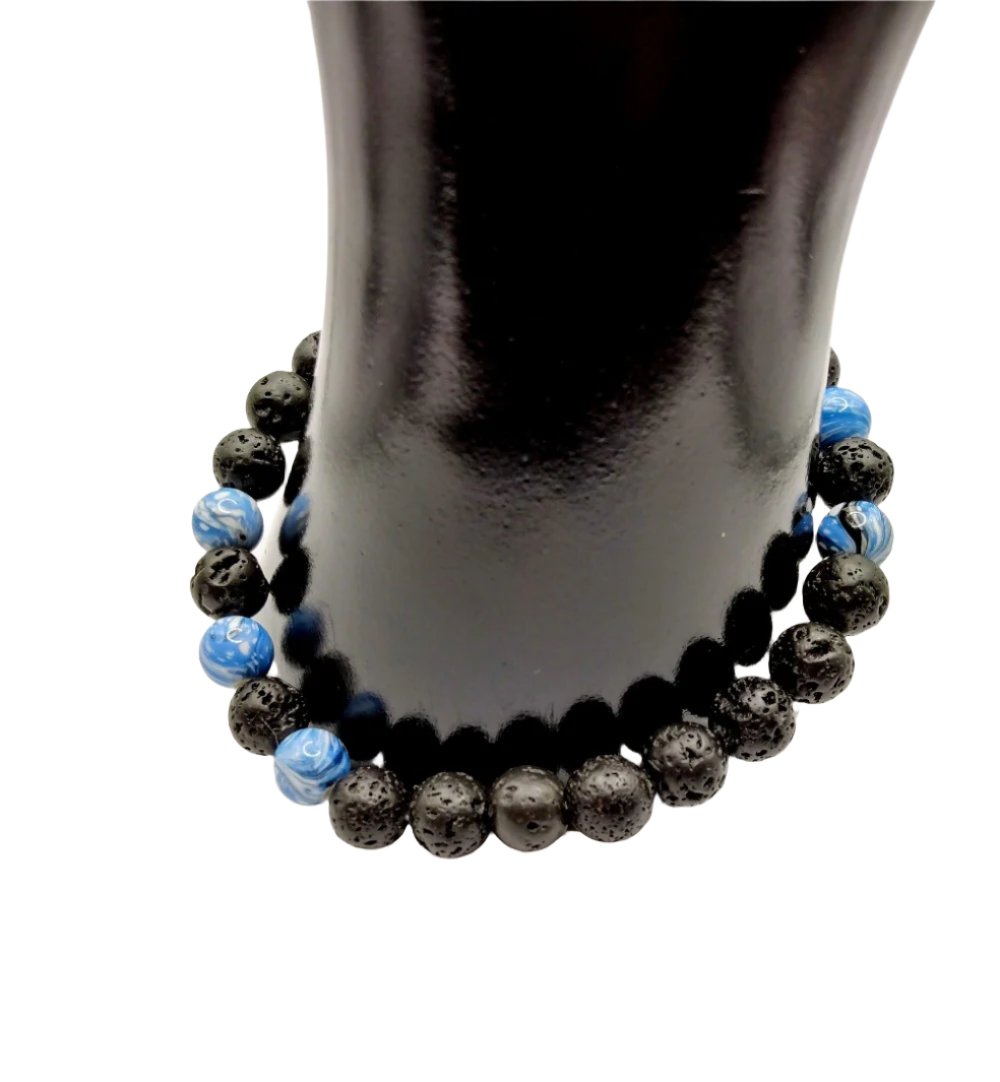 DeFit Designs BRACELET Black And White Lava Stone Bracelet-Lnk Blue Bead Bracelet