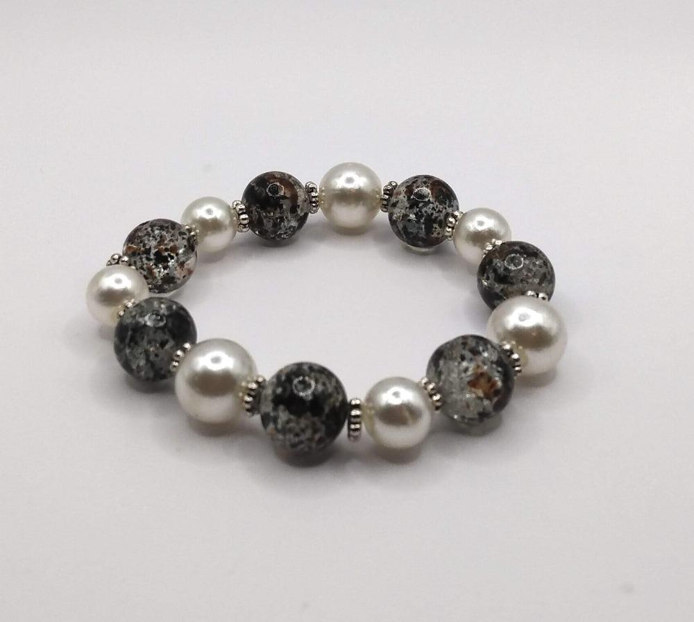 DeFit Designs BRACELET Crackle Bead And Pearl Bracelet-Pearl bracelet-Pearl Stretch Bracelet