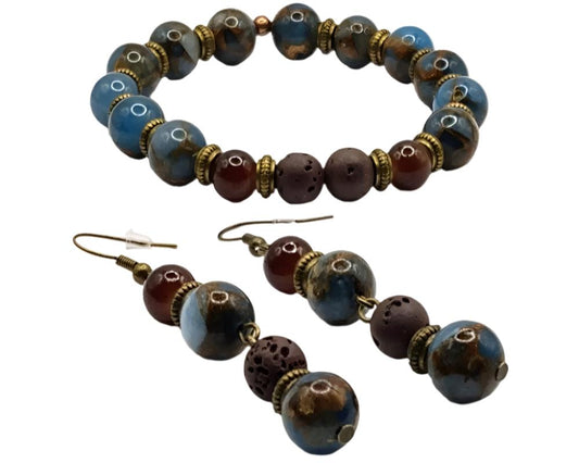 DeFit Designs BRACELET Lava And Natural Stone Bracelet And Earring Set-Brown Lava Stone