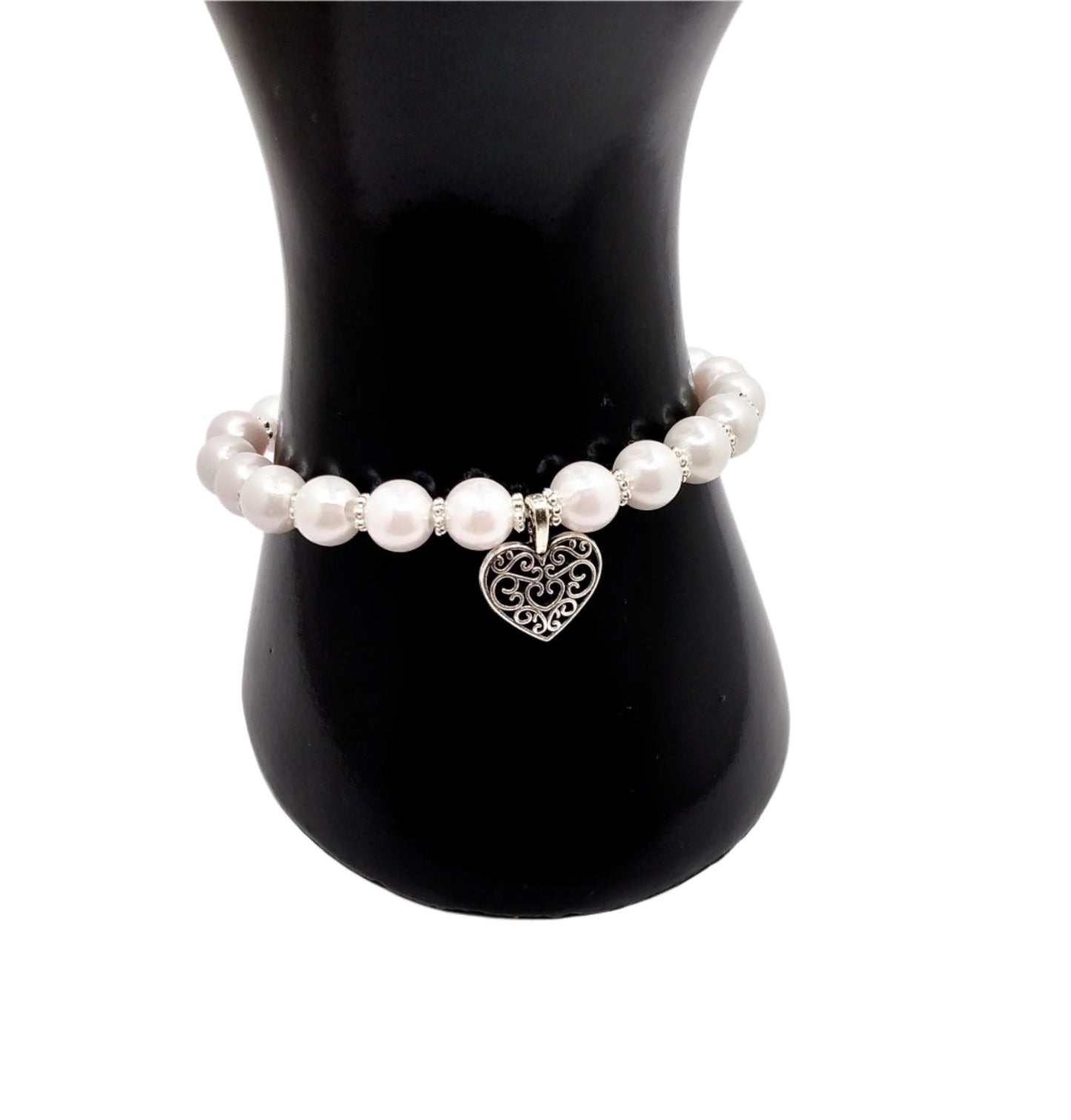 DeFit Designs BRACELET Pearl Bracelet With Heart Charm-Pearl Stretch Bracelet