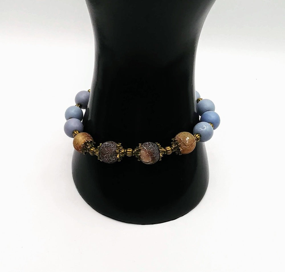 DeFit Designs Bracelets Blue Wood Bracelet-Agate Gemstone Bracelet-Blue Wooden Agate Bracelet