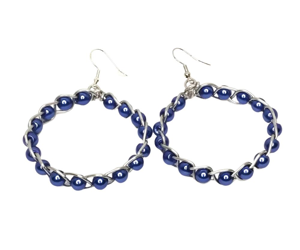 DeFit Designs Earrings Blue Braided Wire Earrings-Wire Wrapped Beaded Earrings-Big Hoop Earrings