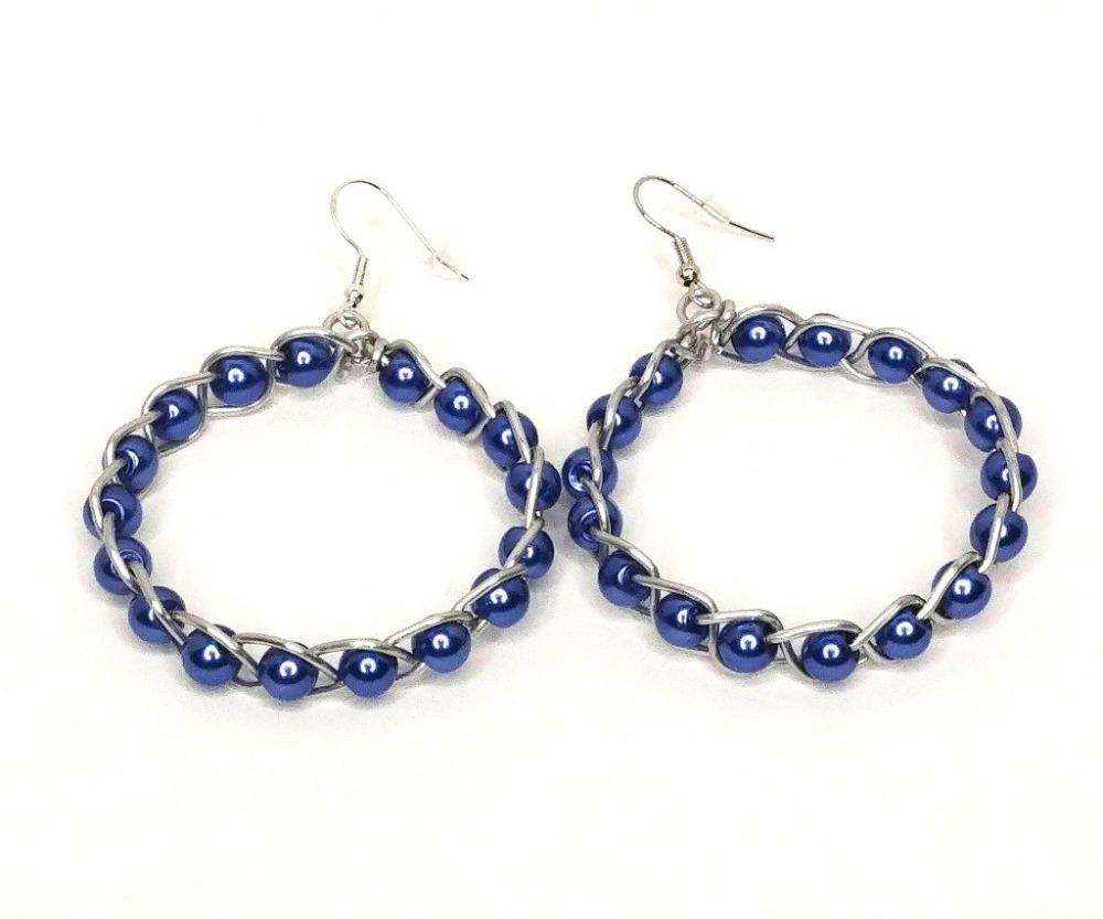 DeFit Designs Earrings Blue Braided Wire Earrings-Wire Wrapped Beaded Earrings-Big Hoop Earrings