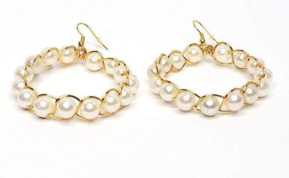 DeFit Designs Earrings Copper Wire Wrapped Beaded Earrings-Gold And Pearl Earrings