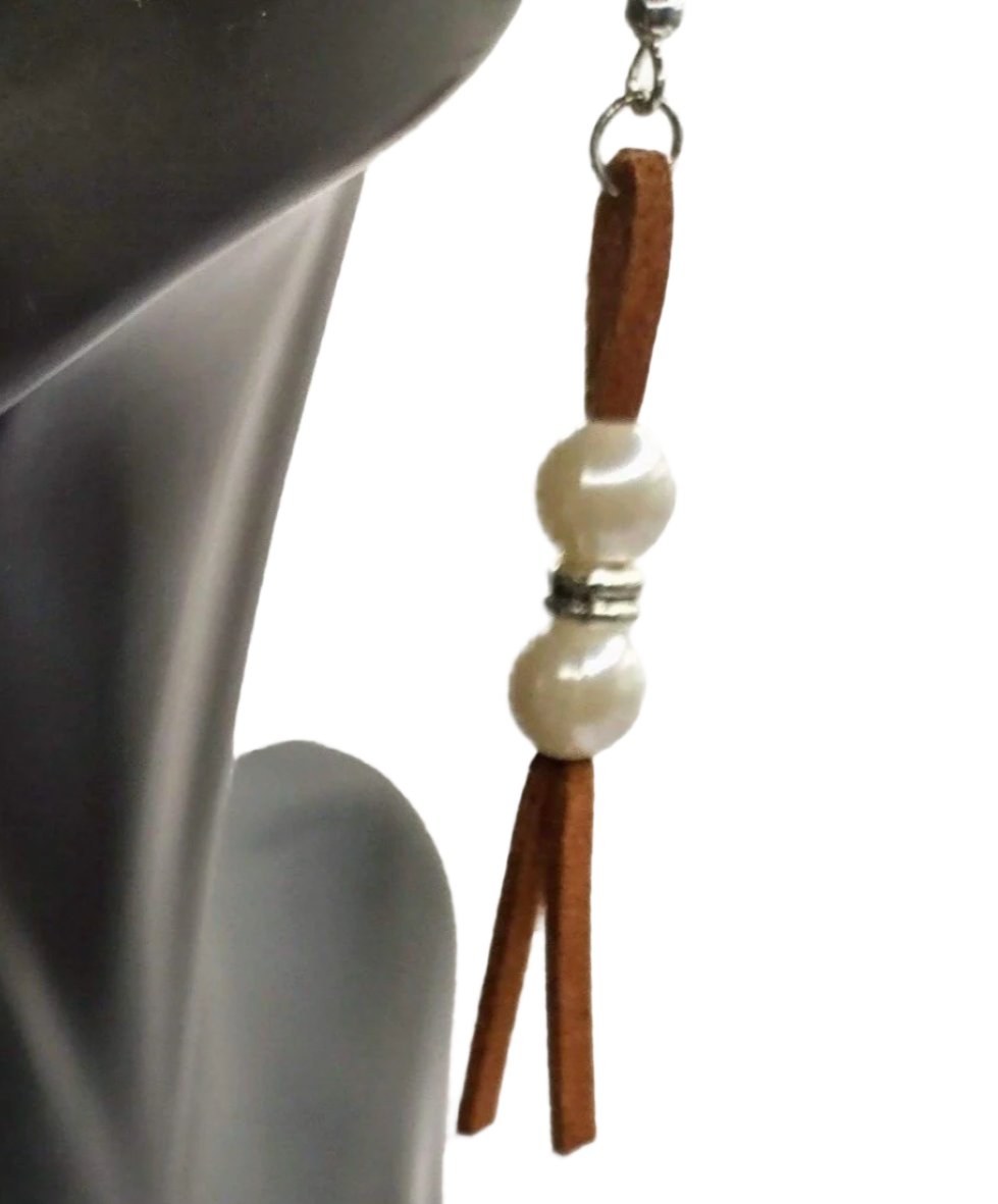 DeFit Designs Earrings Faux Leather Tassel Earrings-Pearl Tassel Earrings-Pearl Earrings