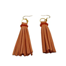 Charger l&#39;image dans la galerie, DeFit Designs Earrings Orange Faux Leather Tassel Earrings-Leather Fringe Earrings-Shoulder Duster
