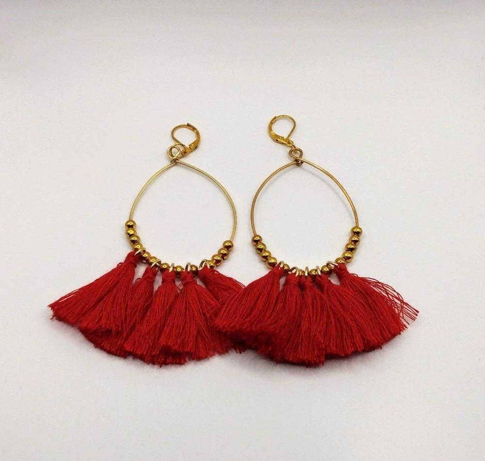 DeFit Designs Earrings Red Gold Tassel Hoop Earrings-Handmade-Copper Wire Hoop Earrings
