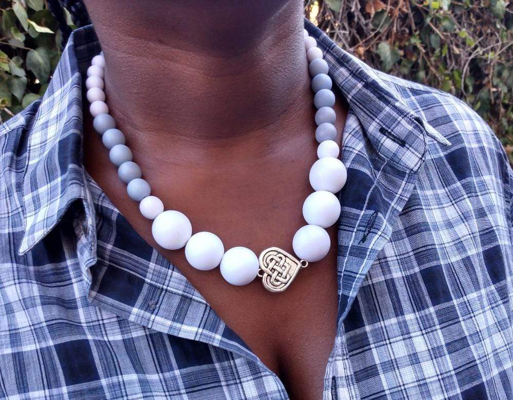 DeFit Designs Necklaces Blue And White Natural Wooden Bead Necklace-Chunky Wood Bead Necklace