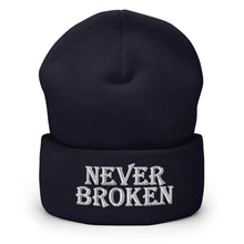 Load image into Gallery viewer, Printful Beanie Navy Never Broken Embroidered Beanie Hat-Embroidered Beanie Caps-White
