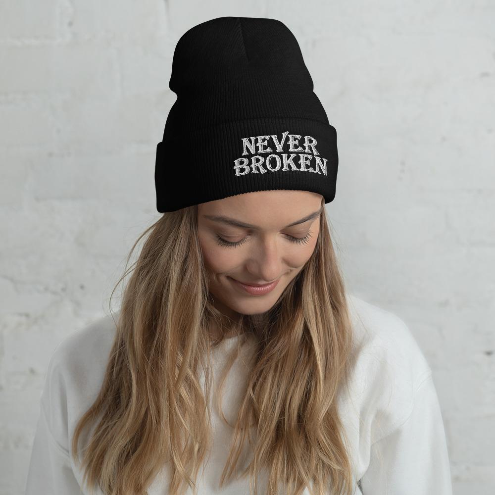 Printful Beanie Never Broken Embroidered Beanie Hat-Embroidered Beanie Caps-White