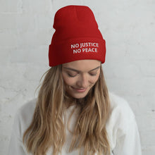 Load image into Gallery viewer, Printful Beanie No Justice No Peace BLM Embroidered Beanie Hat-White
