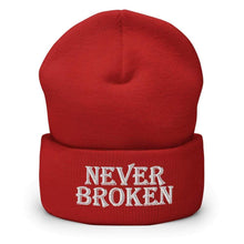 Load image into Gallery viewer, Printful Beanie Red Never Broken Embroidered Beanie Hat-Embroidered Beanie Caps-White
