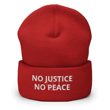 Cargar imagen en el visor de la galería, Printful Beanie Red No Justice No Peace BLM Embroidered Beanie Hat-White
