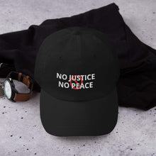 Afbeelding in Gallery-weergave laden, Printful Dad Hat Black No Justice No Peace BLM Embroidered Hat-Custom Adjustable Dad Hat-Wht
