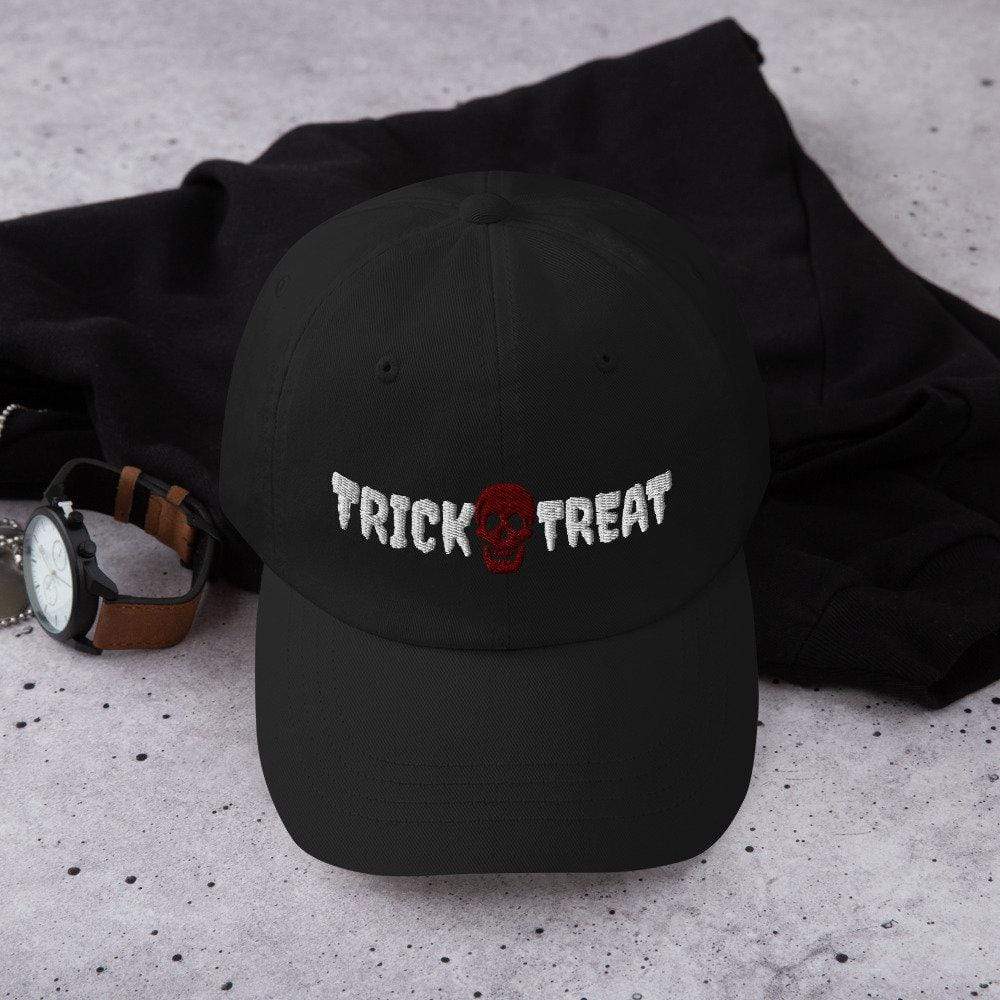 Printful Dad Hat Black Trick Or Treat Halloween Embroidered Dad Hat-White