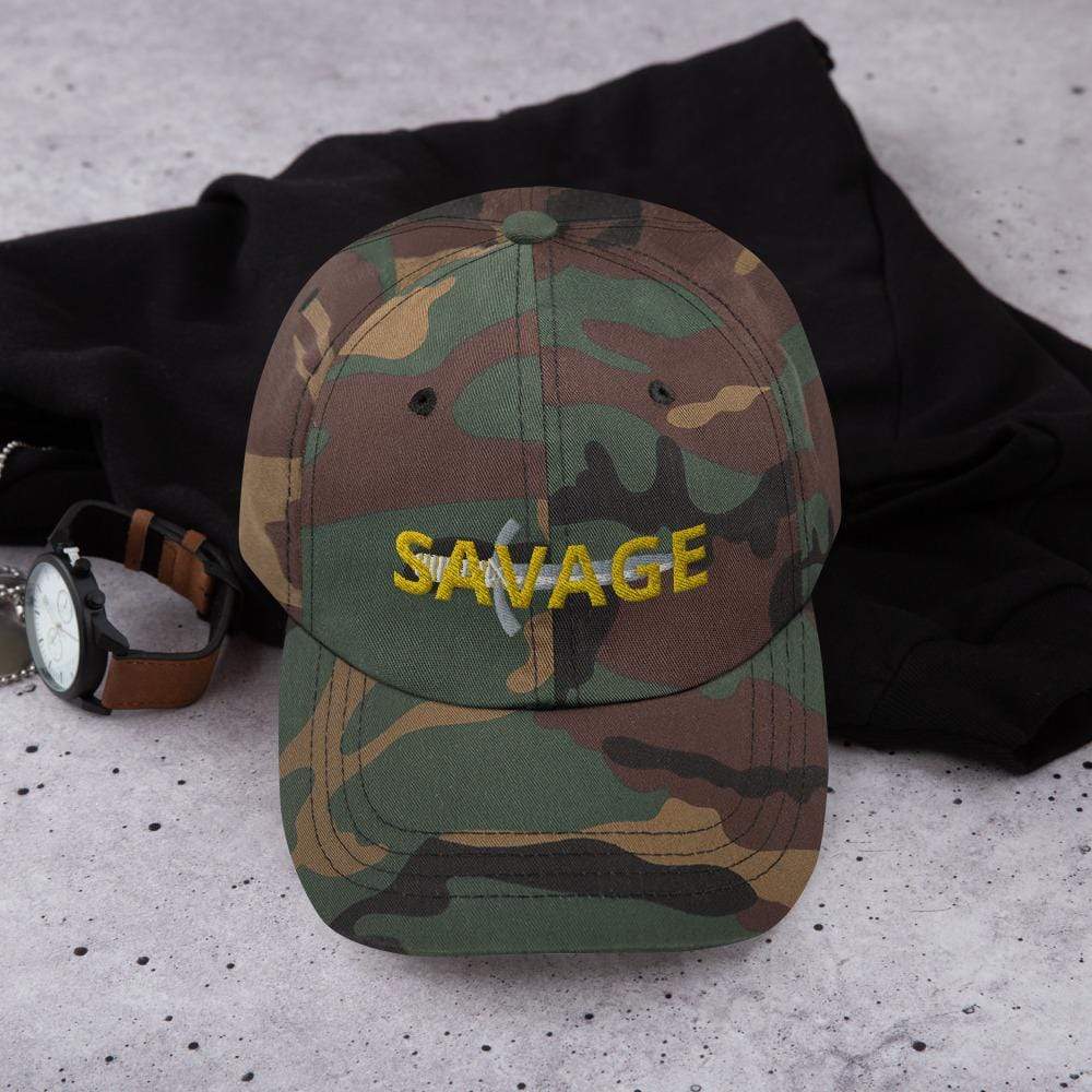 Printful Dad Hat Green Camo Savage Embroidered Dad Hat-Custom Adjustable Dad Hat-Gold