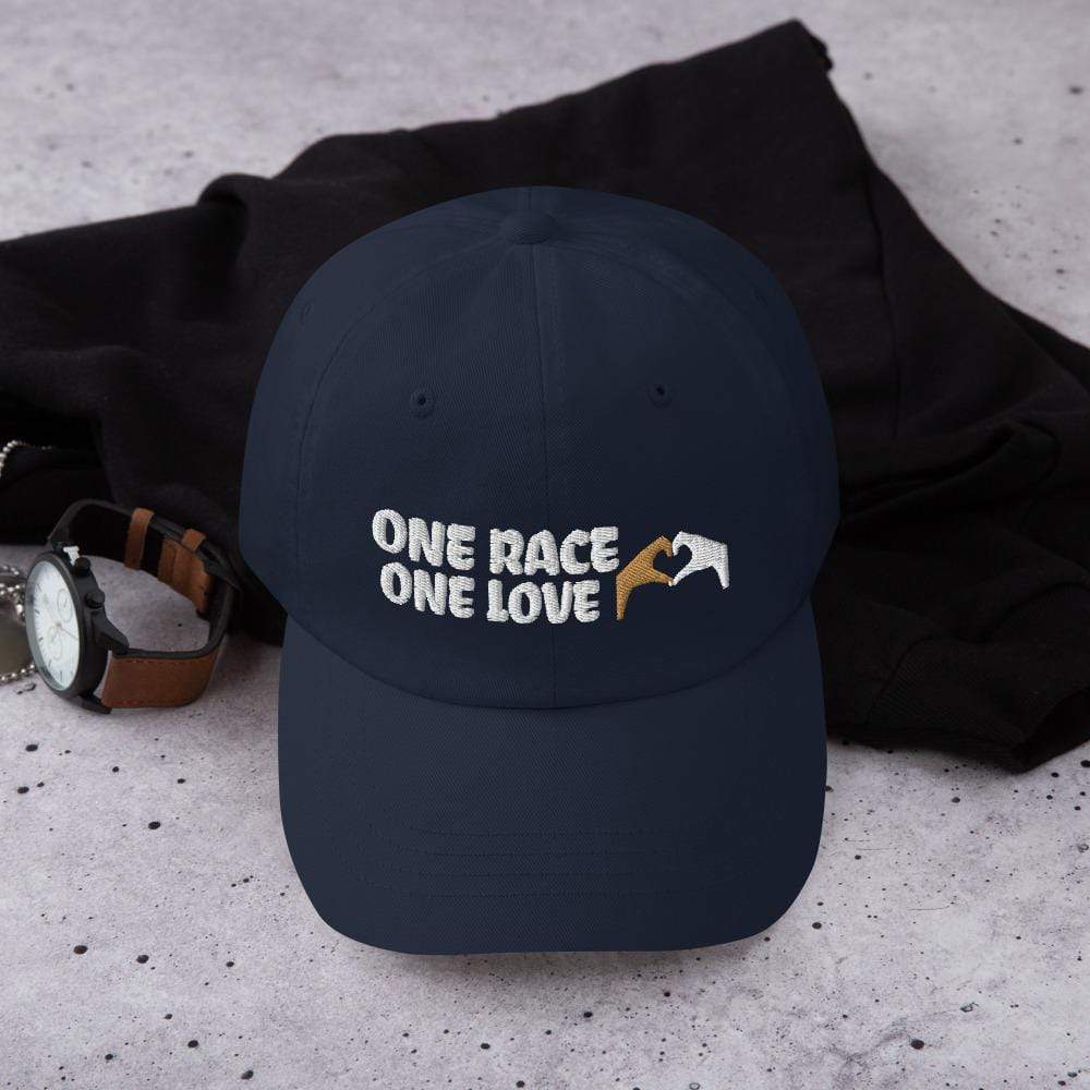 Printful Dad Hat Navy One Race One Love Embroidered Dad Hat-Custom Adjustable Dad Hat-White