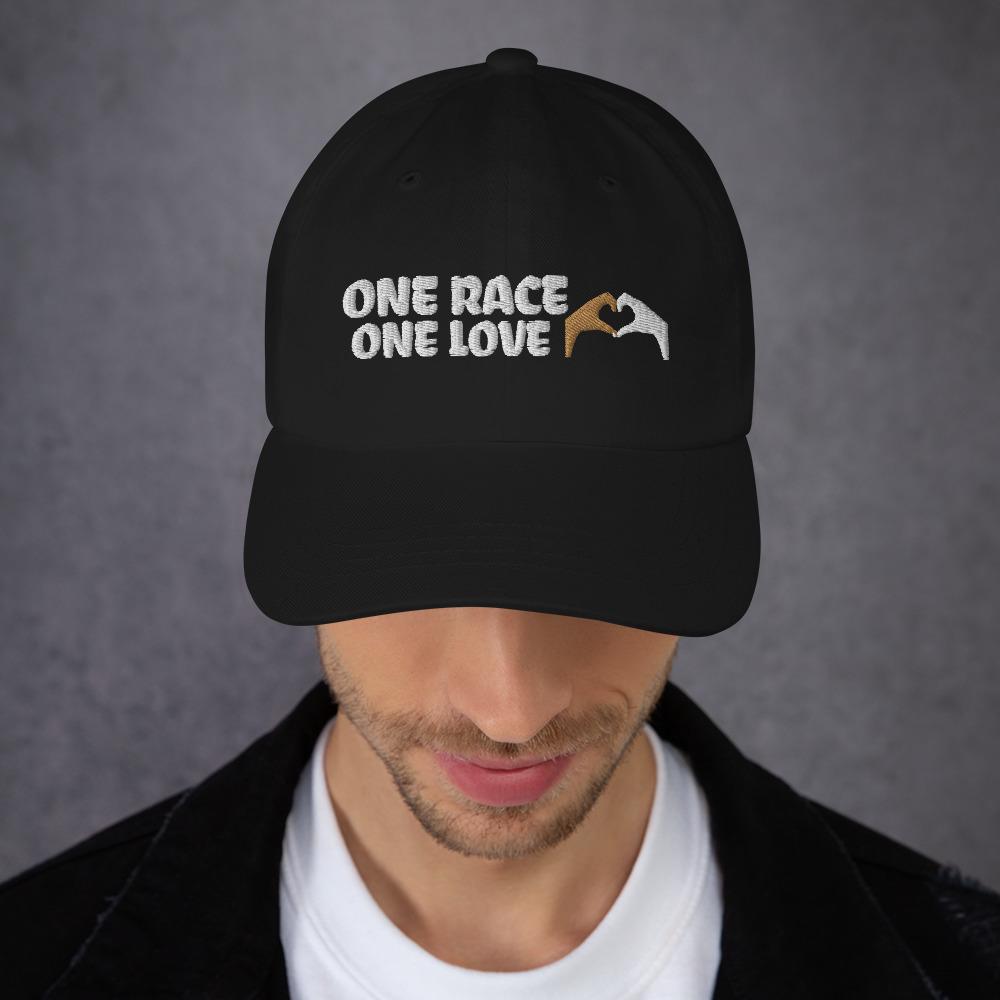 Printful Dad Hat One Race One Love Embroidered Dad Hat-Custom Adjustable Dad Hat-White