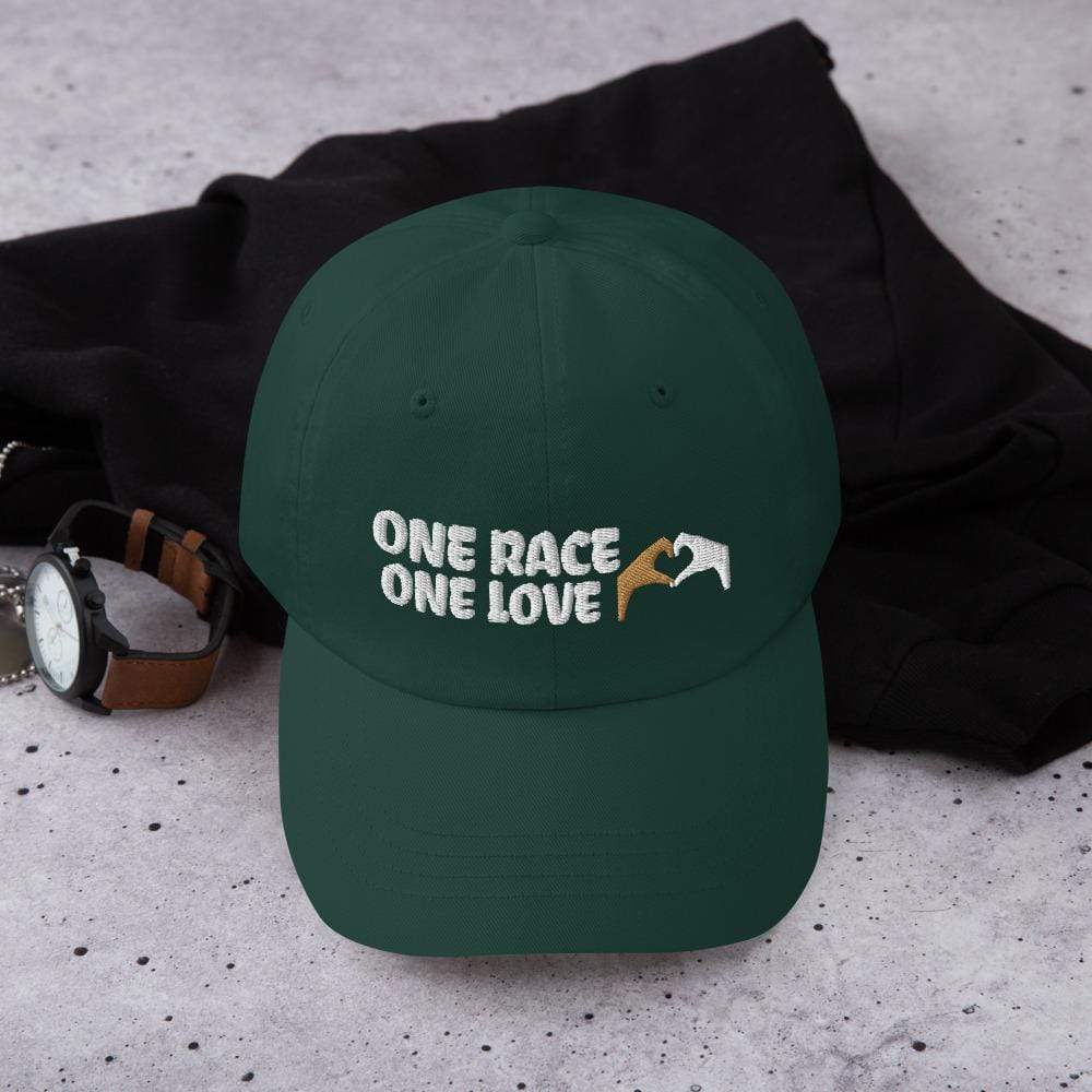 Printful Dad Hat Spruce One Race One Love Embroidered Dad Hat-Custom Adjustable Dad Hat-White