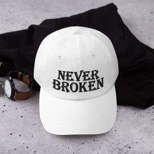 Cargar imagen en el visor de la galería, Printful Dad Hat White Never Broken Embroidered Dad Hat-Custom Adjustable Dad Hat-Black
