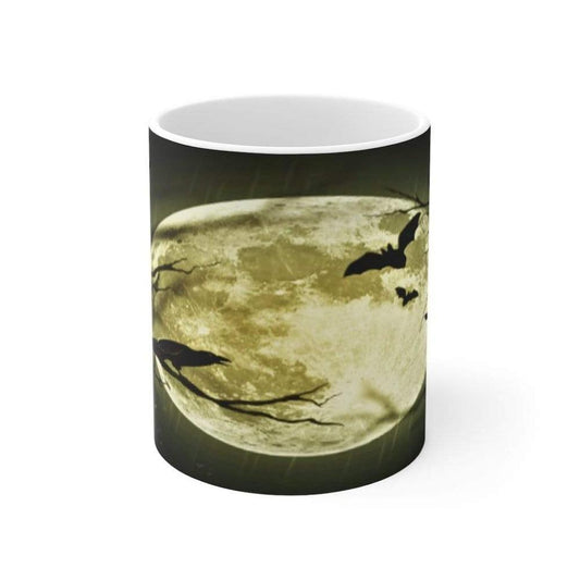 Printify Mug 11oz Scary Moon Halloween White Ceramic Mug-Travel-Tea Cup-Fall-Farmhouse