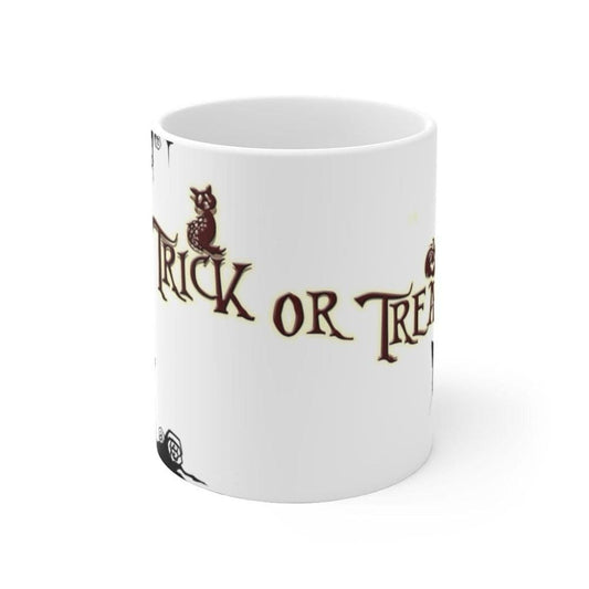 Printify Mug 11oz Trick Or Treat Halloween White Ceramic Mug-Travel-Tea Cup-Farmhouse