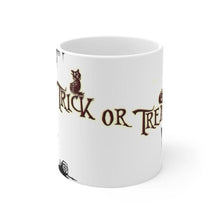 Φόρτωση εικόνας στο εργαλείο προβολής Συλλογής, Printify Mug 11oz Trick Or Treat Halloween White Ceramic Mug-Travel-Tea Cup-Farmhouse
