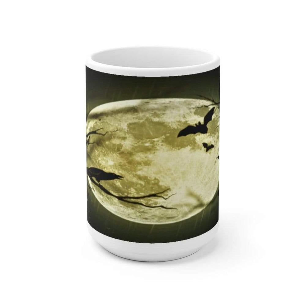 Printify Mug 15oz Scary Moon Halloween White Ceramic Mug-Travel-Tea Cup-Fall-Farmhouse
