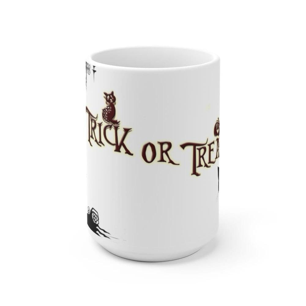 Printify Mug 15oz Trick Or Treat Halloween White Ceramic Mug-Travel-Tea Cup-Farmhouse